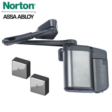 Norton Door Controls Kit Includes ADAEZ Pro Door Operator (Push Side, Regular Arm), Two Square Push Buttons, Aluminum Fin NOR-5831-SQPB-689